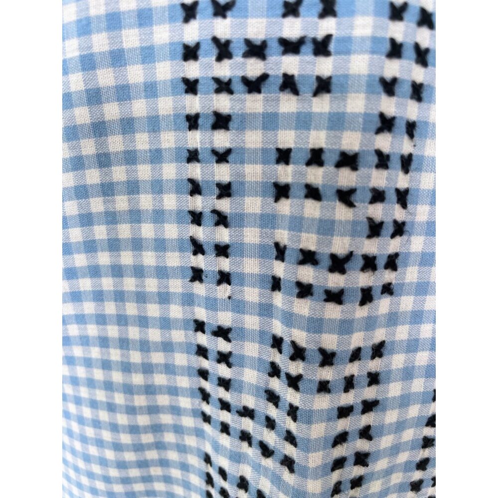 Vintage 1960s Blue White Gingham Checked Embroidered Cotton House Dress L/M - Picture 10 of 16